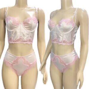 VS Dream Angels Champagne Satin Lace Long Unlined 32DDD Bra w matching SM panty